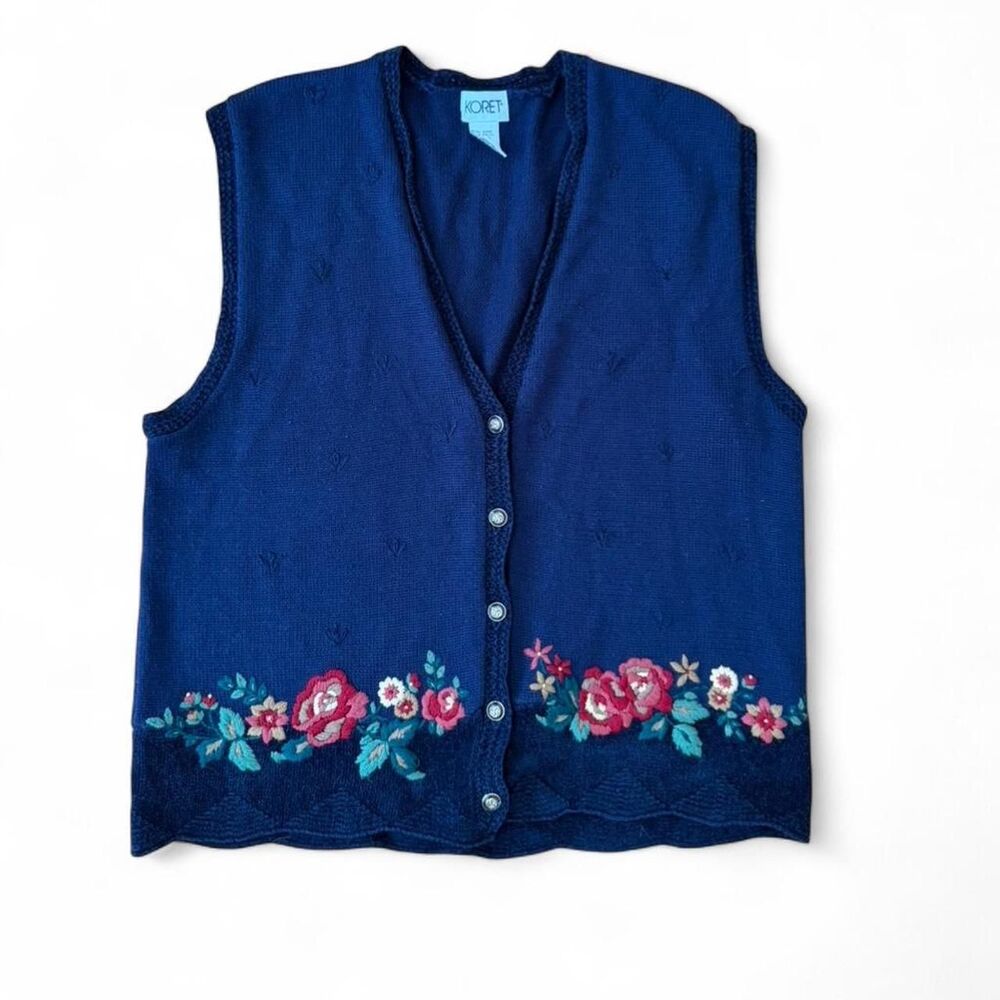 Koret Women's Navy Blue Floral Embroidered Button Up Vest Size L Cottagecore